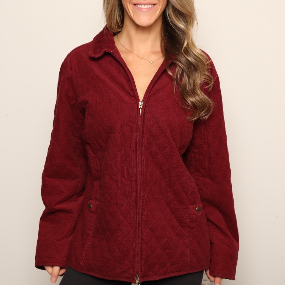 Women's Quilted Cotton Full Zip Jacket - Burgundy